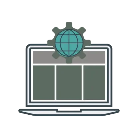 Icon of a laptop with a globe above it and a gear behind the globe, symbolizing internet and technology.