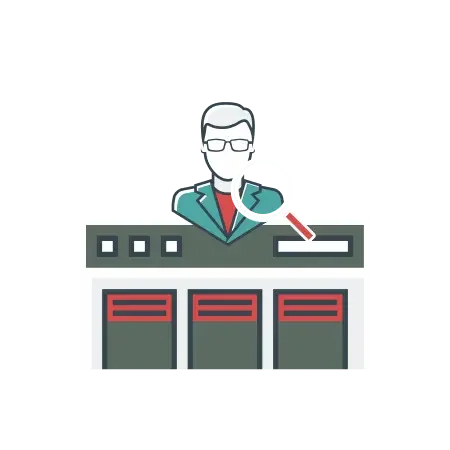 Illustration of a person in a suit and glasses emerging from a computer monitor, with a magnifying glass symbol on the monitor, representing online investigation or digital research.
