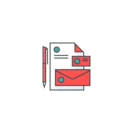a series of documents and digital envelopes and a pen colored red and blue