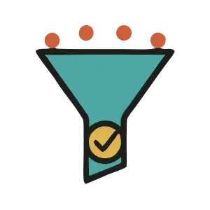a blue funnel with a checkmark over a yellow circle with 4 red circles above symbolizing lead generation