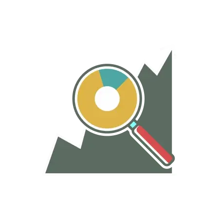 Illustration of a line graph with upward trend, a magnifying glass, and a pie chart overlay.