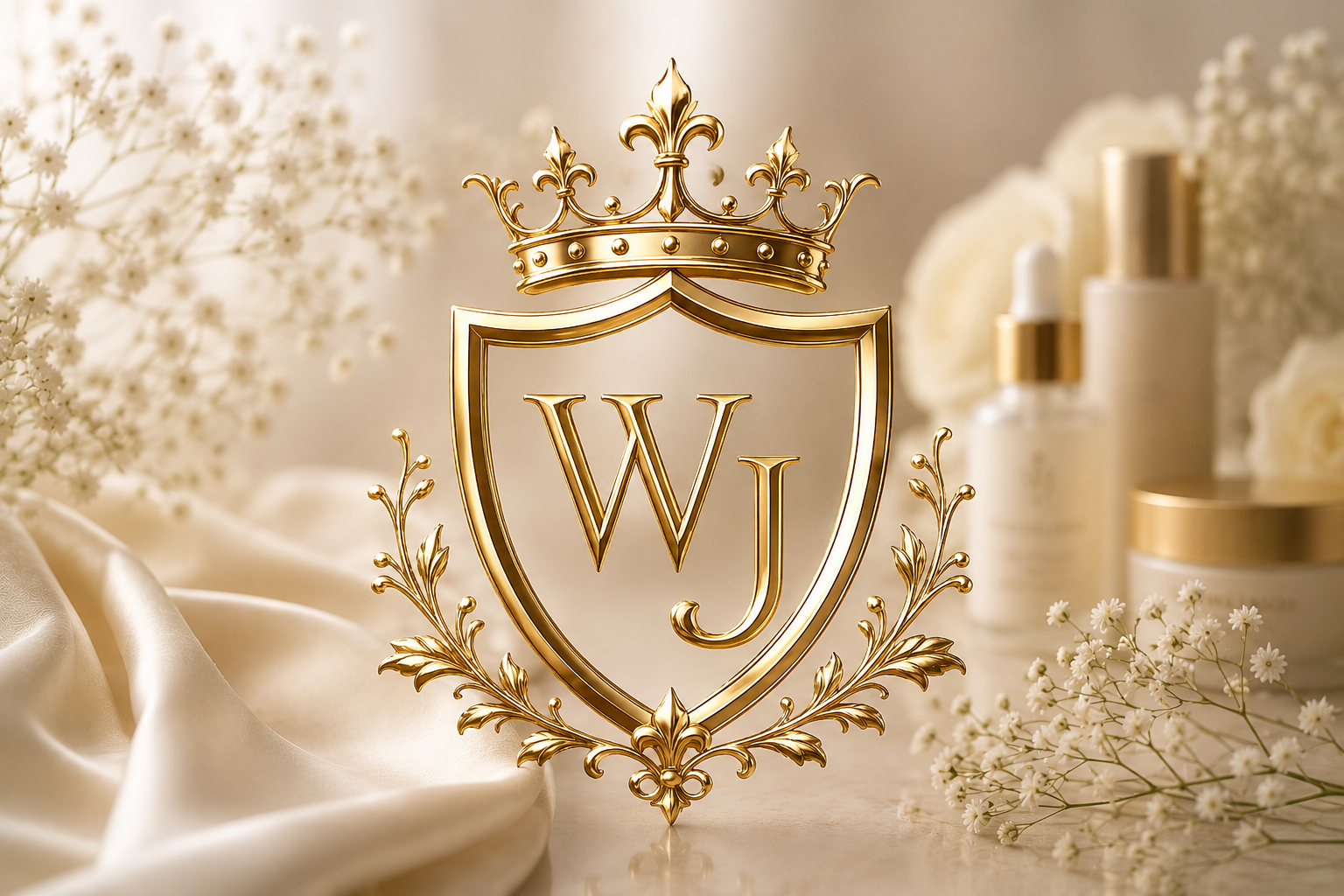 A golden emblem featuring a crest with the initials 'WJ' and a crown, set against a background of white flowers, skincare products, and satin fabric.