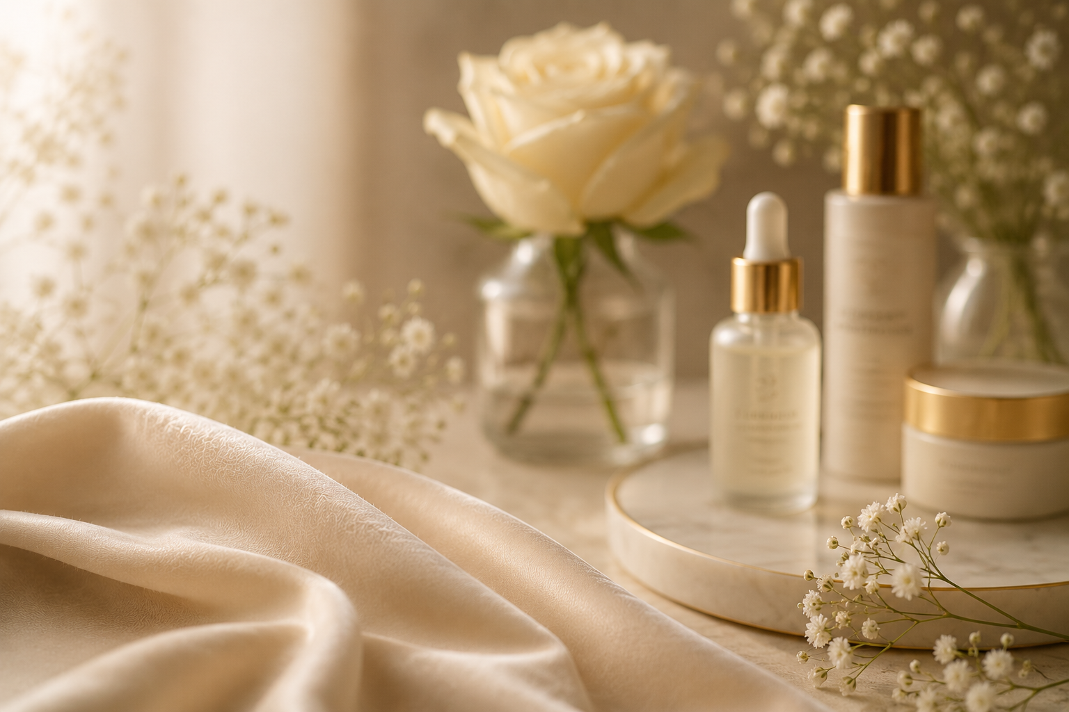 Elegant arrangement of skincare products, white roses, and baby's breath flowers on a marble tray and satin fabric.