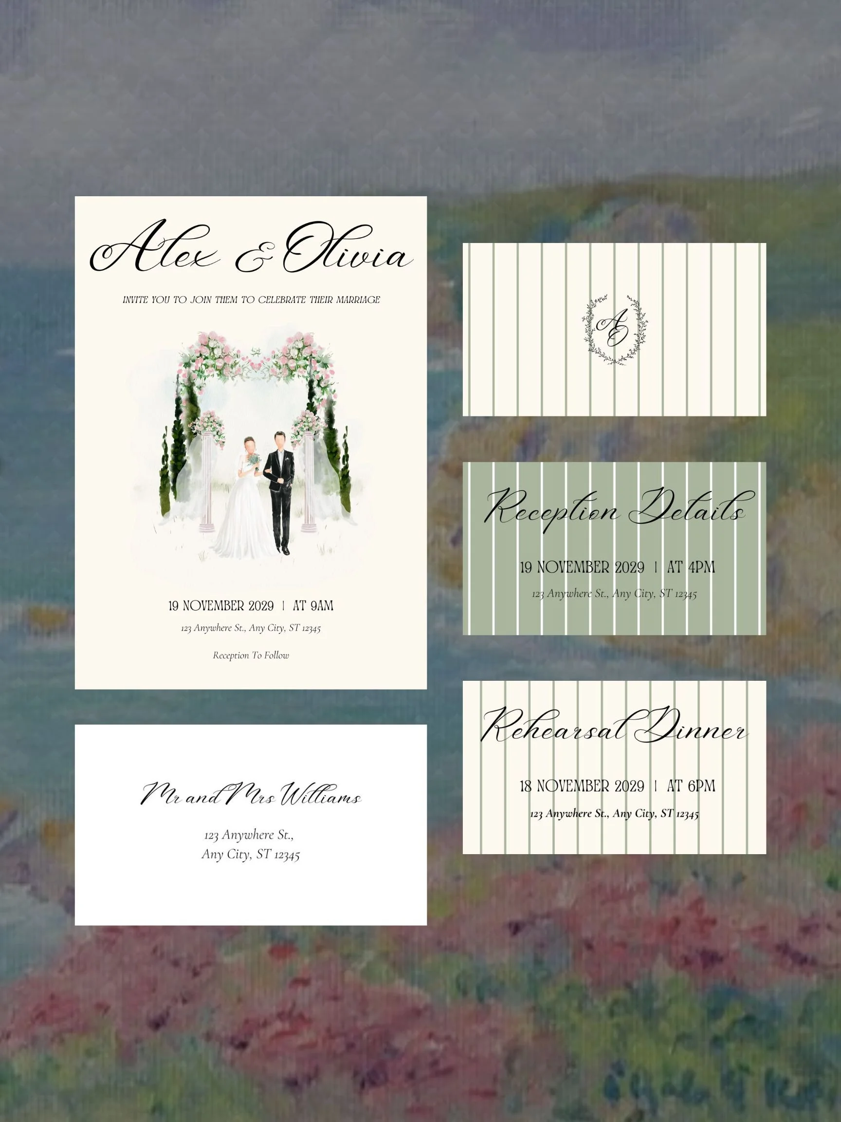 Wedding invitation cards featuring a bride and groom walking under an arch decorated with pink flowers, and details of their marriage celebration on November 19, 2029.