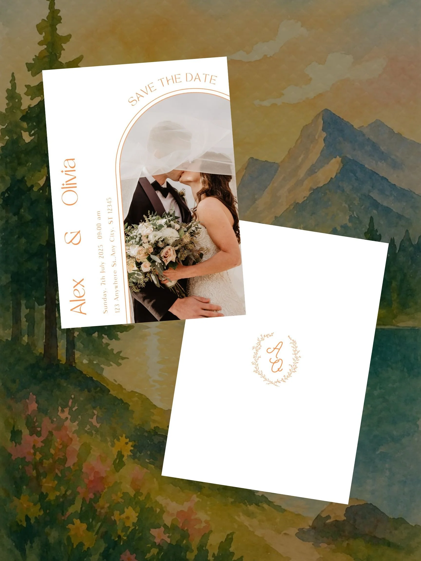 Save the date wedding invitation featuring a bride and groom kissing with a bouquet, set against a mountain landscape background.