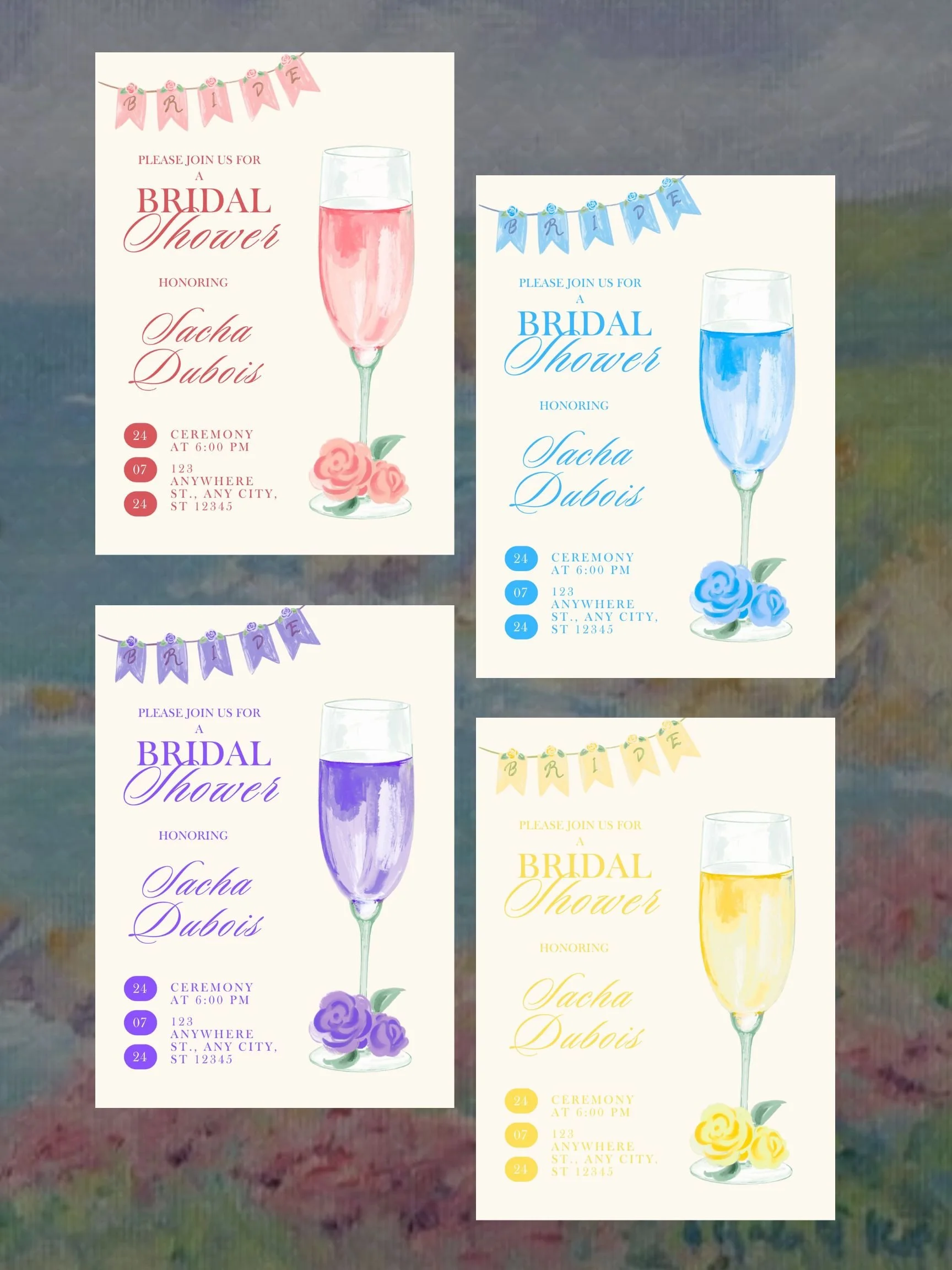 Four bridal shower invitations with different colors. Each invitation has a banner at the top that spells 'BRIDE' with roses, a glass of champagne at the center with a floral decoration at the base, and event details in elegant cursive text.