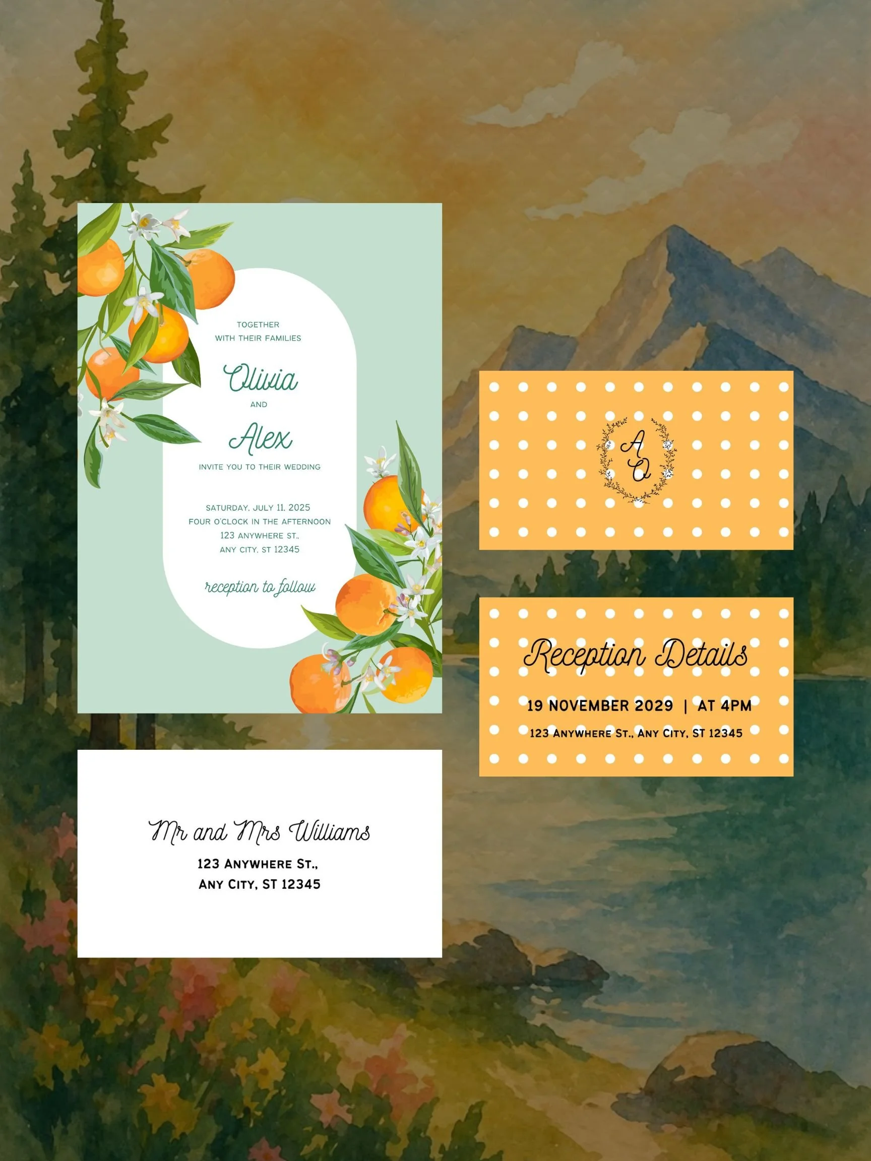 A wedding invitation featuring orange illustrations with green leaves and white flowers, set against a light green background, and surrounded by two orange polka dot reception details cards. The background of the image includes a watercolor painting of a mountain landscape with trees, mountains, a lake, and a colorful sky.