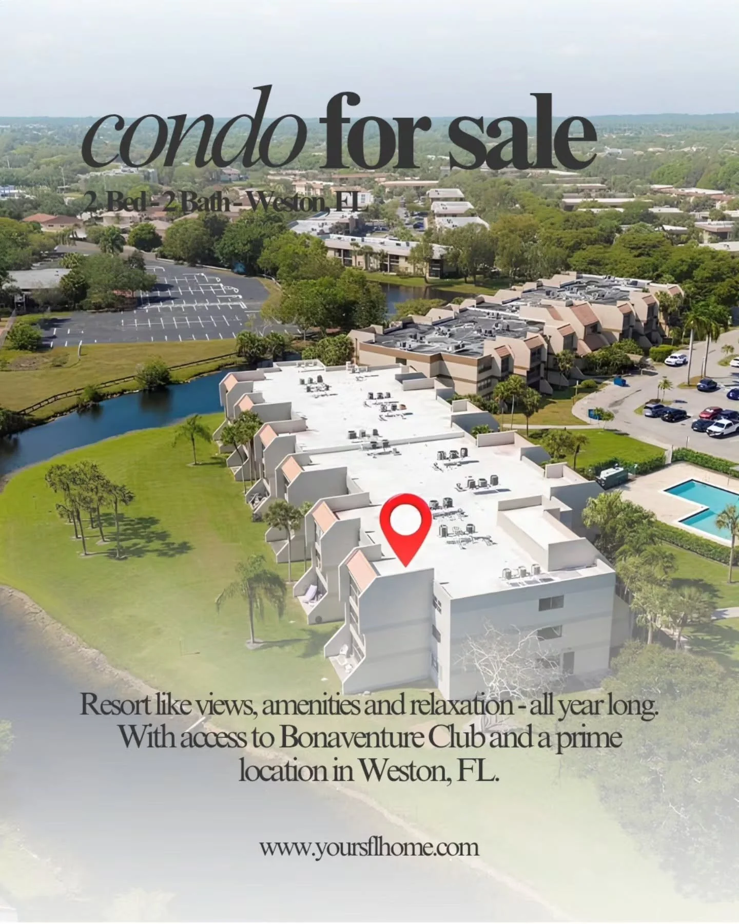 Escape to your dream condo in Weston, FL! 🌴 This 2 bed, 2 bath property offers resort-like views and amenities all year round. Enjoy exclusive access to Bonaventure Club and soak in the serene surroundings.

Ready to relax? Visit www.yoursflhome.com