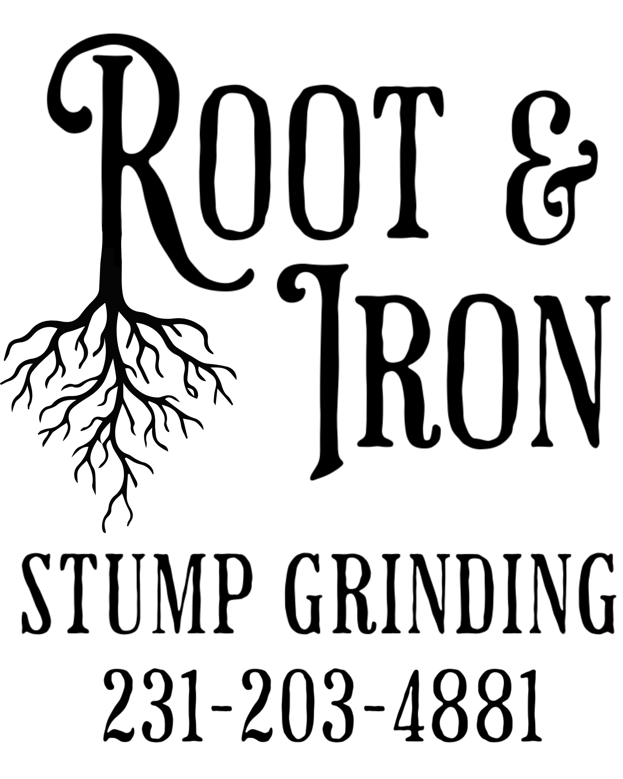A black and white graphic design with the words 'Root & Trunk' stylized to resemble tree branches and roots. Additional text below reads 'Stumped Consulting' and a phone number '231-203-4881'.