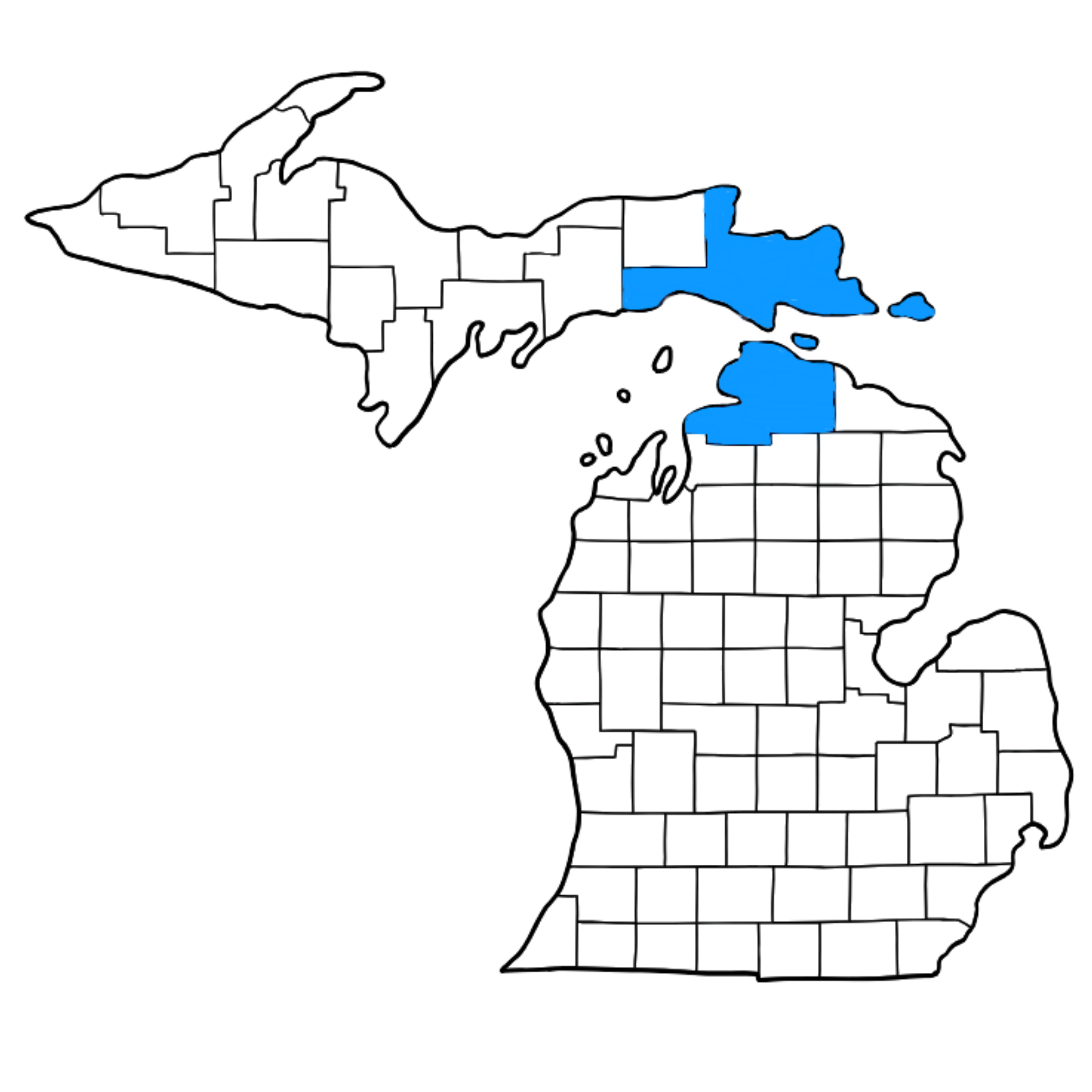 Map of the state of Michigan with county borders outlined, showing some areas highlighted in blue.