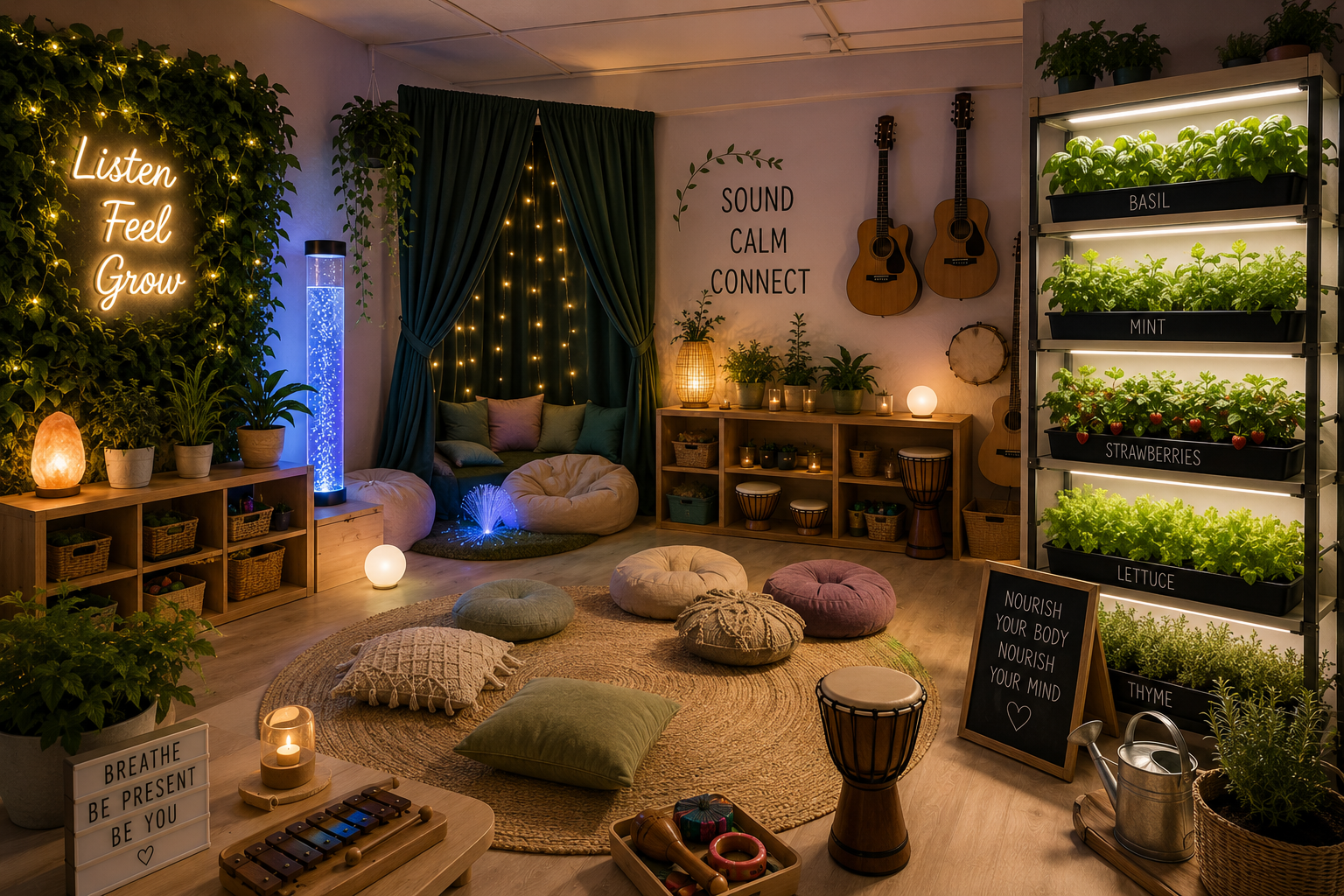 A cozy indoor space with yoga and meditation items, plant shelves, and string lights, featuring a sign that says, 'Listen Feel Grow'.