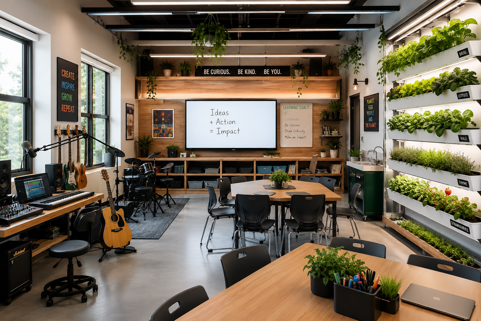 Modern classroom or creative studio with musical instruments, plants, and a veggie garden wall. Contains tables, chairs, musical equipment, and learning/plant signage.