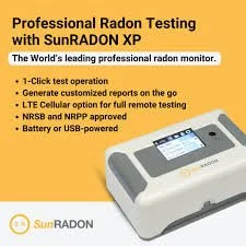 Advertisement for SunRADON Radon Testing Monitor with features listed, including one-click operation, customizable reports, approval for NRSA and NRP, and battery or USB power options.