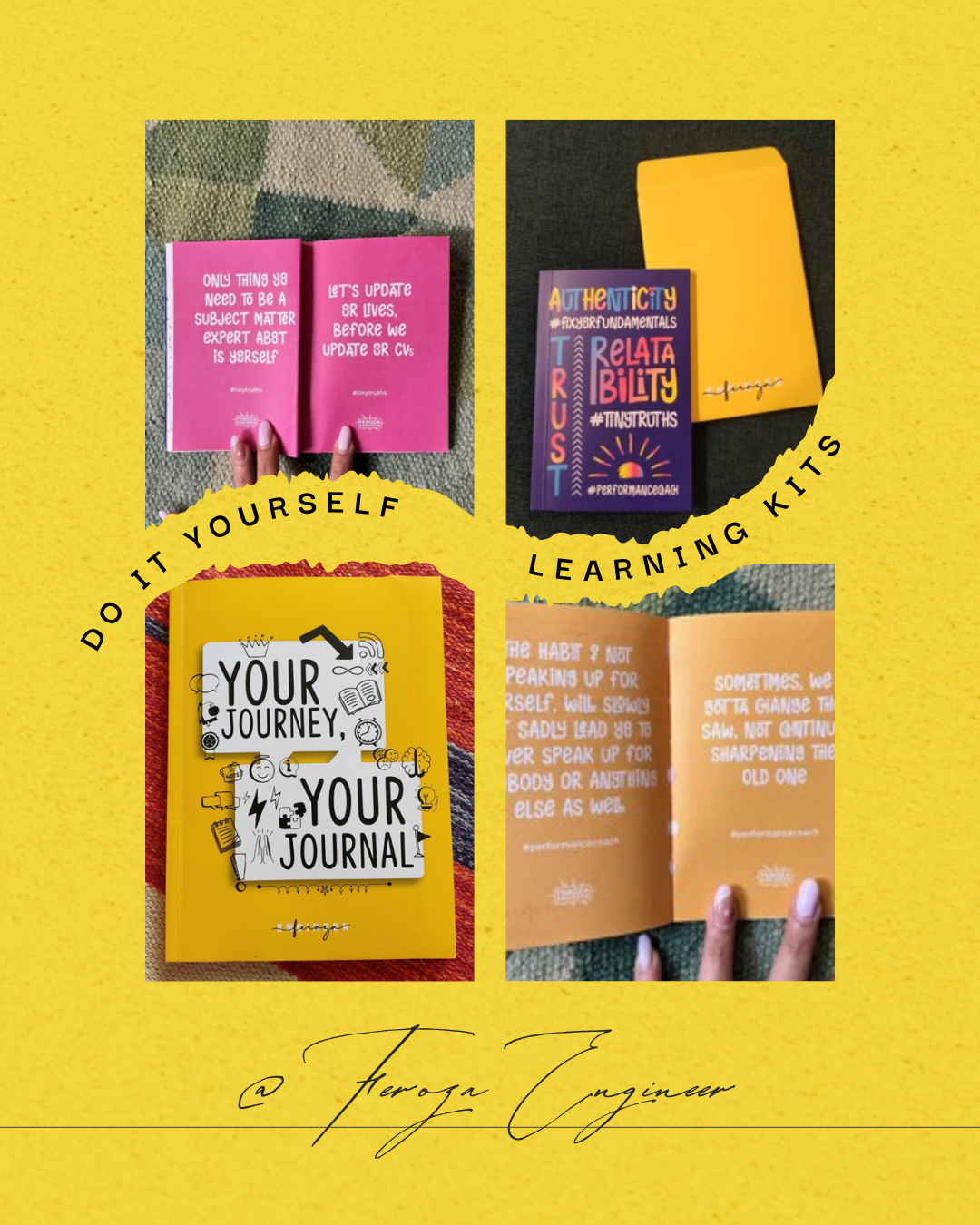 Collage of four images on a yellow background, showcasing self-help and learning kits including a pink book, a purple book with yellow and pink accents, a yellow journal with black and white illustrations, and an open orange booklet with handwritten notes.