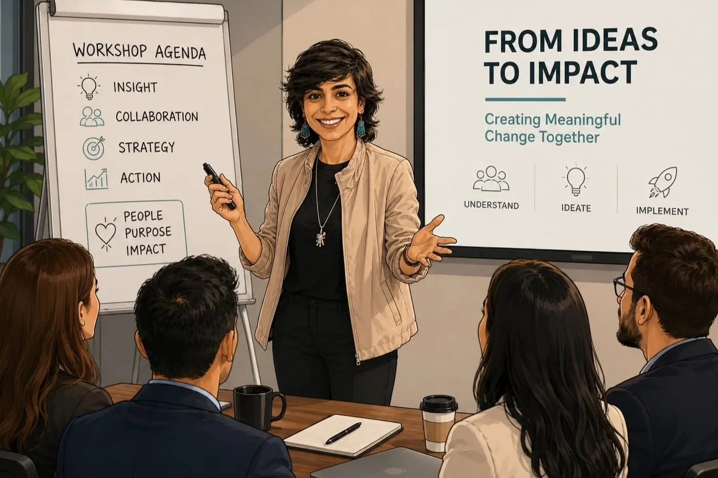A woman giving a presentation to a group of four people in a meeting room. Behind her, there is a flipchart with a workshop agenda and a large screen displaying a slide titled 'From Ideas to Impact' about creating meaningful change together, with steps like understand, ideate, and implement.