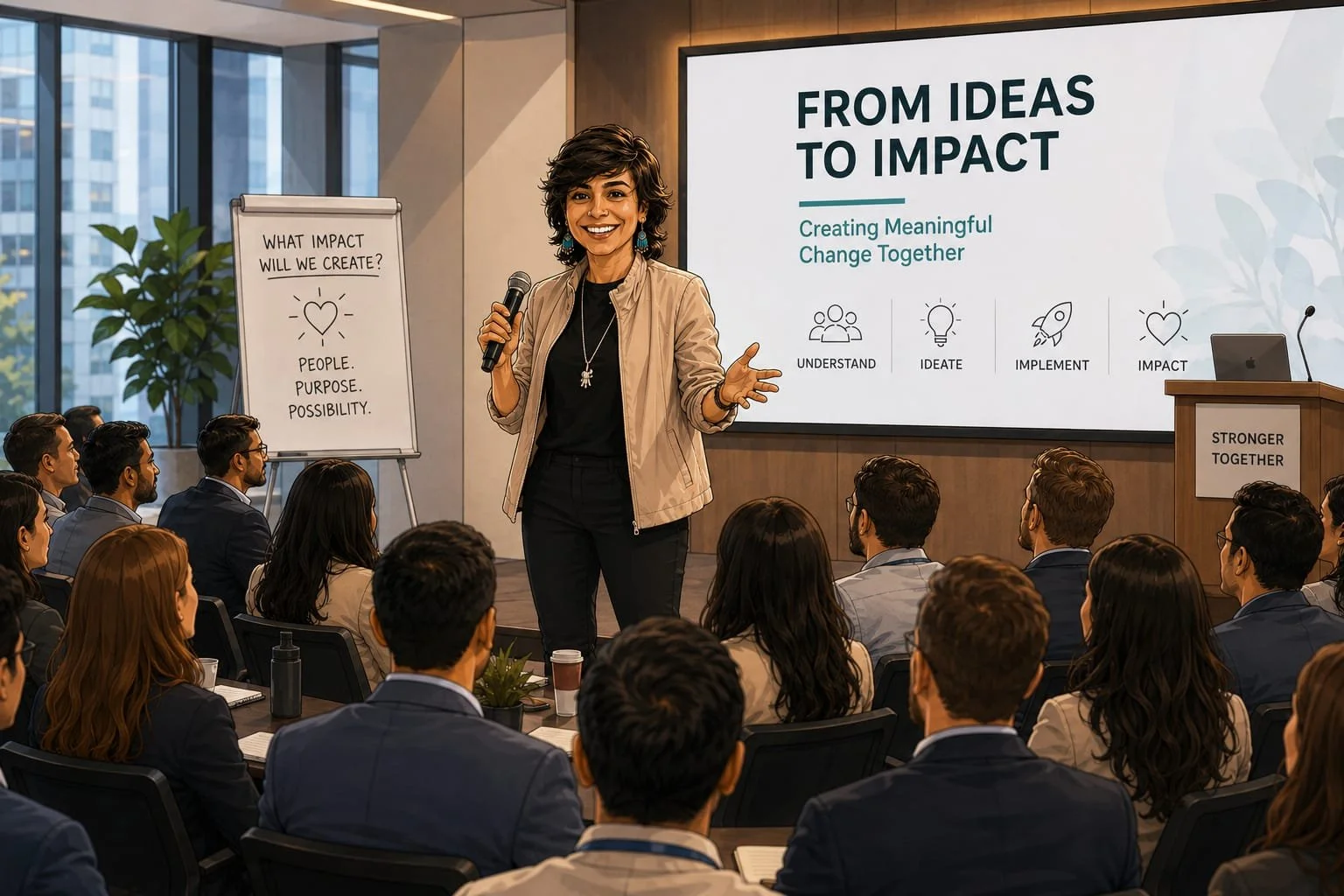 A woman giving a presentation in a conference room with an audience of professionals. The screen behind her displays 'From Ideas to Impact' with steps: Understand, Ideate, Implement, Impact. A flip chart lists 'What impact will we create?' and 'People. Purpose. Possibility.' The room has large windows and modern decor.