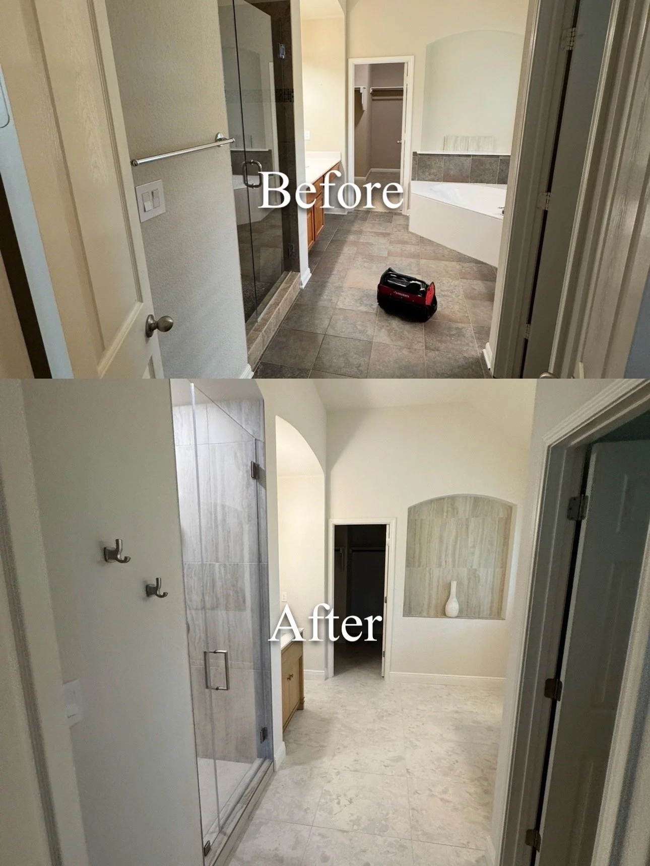 Bathroom before and after renovation, showing tile flooring, glass shower, and beige walls.