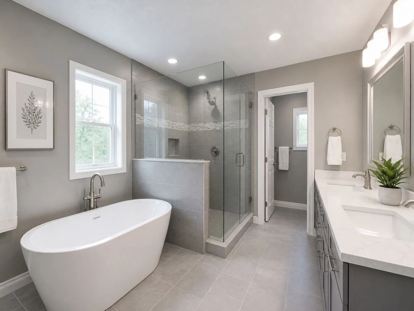 A modern bathroom with a white freestanding bathtub, a glass-enclosed shower, a gray vanity with two sinks, a large mirror, a plant, and framed artwork, with natural light from a window.