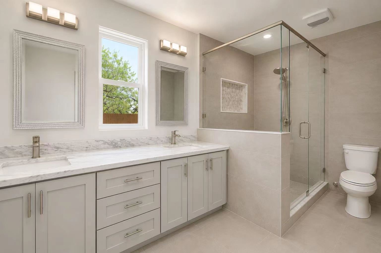 Modern bathroom with a double vanity, marble countertop, two mirrors, and a glass-enclosed shower.