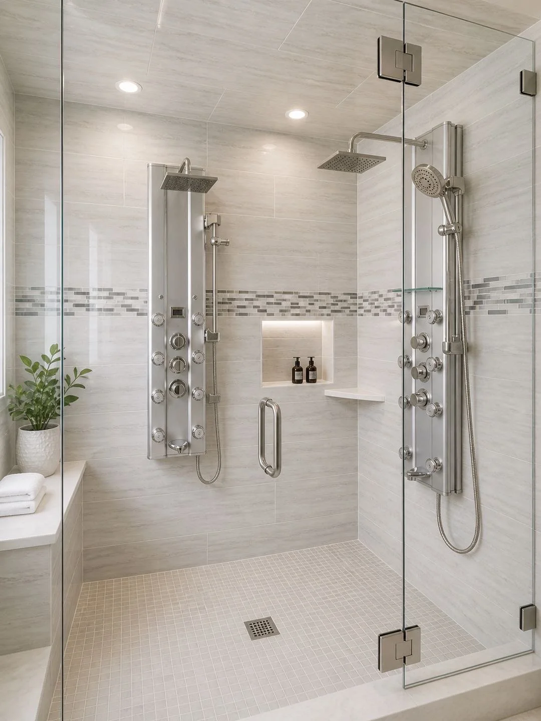 Modern walk-in shower with two shower panels, each with multiple water jets, a rain shower head, handheld showerhead, and built-in shelf with soap and shampoo bottles. Glass enclosure and beige tiled walls.