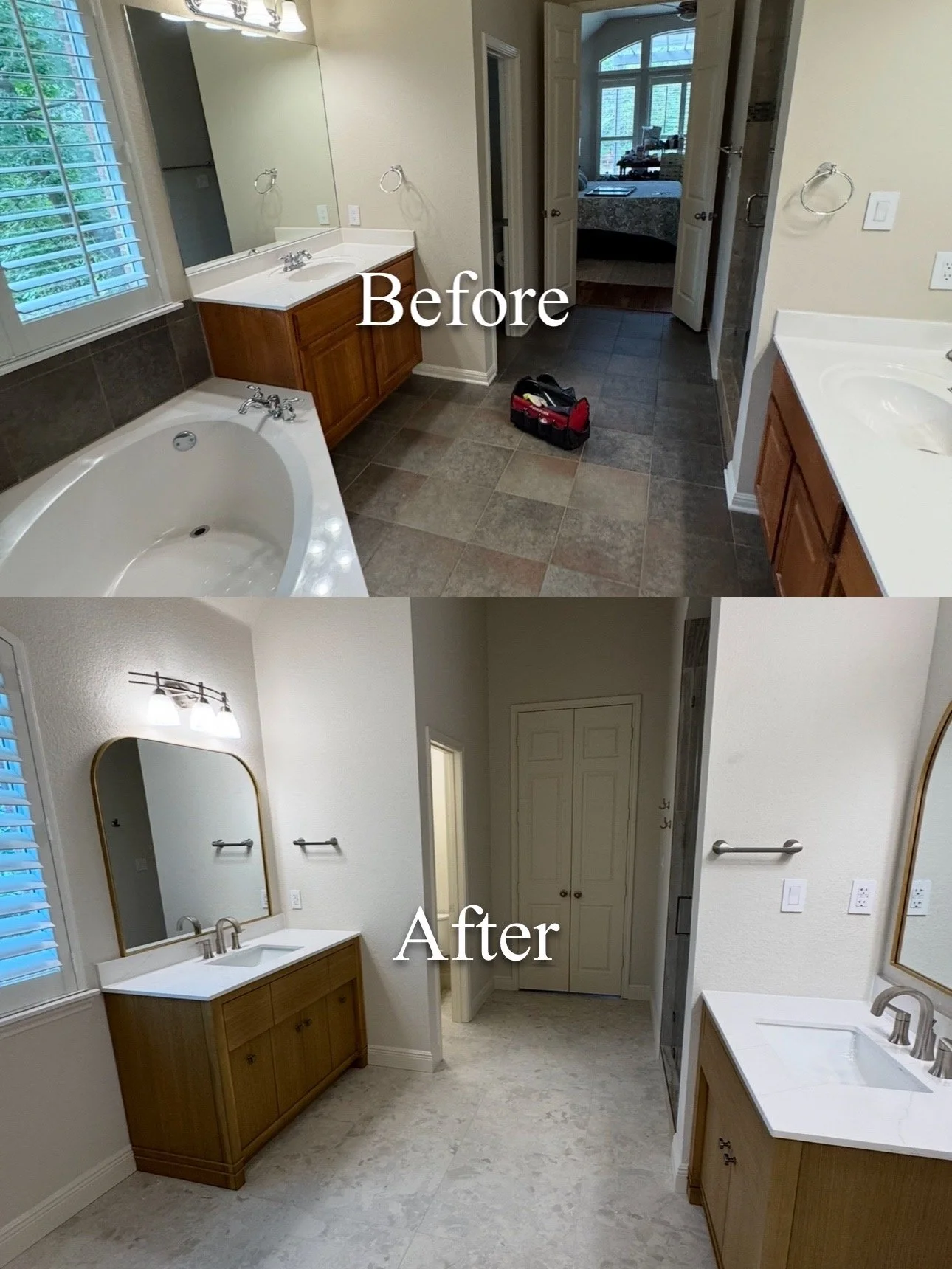 Bathroom before and after renovation. The before image shows a bathroom with a bathtub, wooden cabinets, and a large mirror. The after image shows a modern bathroom with a vanity, a mirrored medicine cabinet, and tile flooring, with a different layou