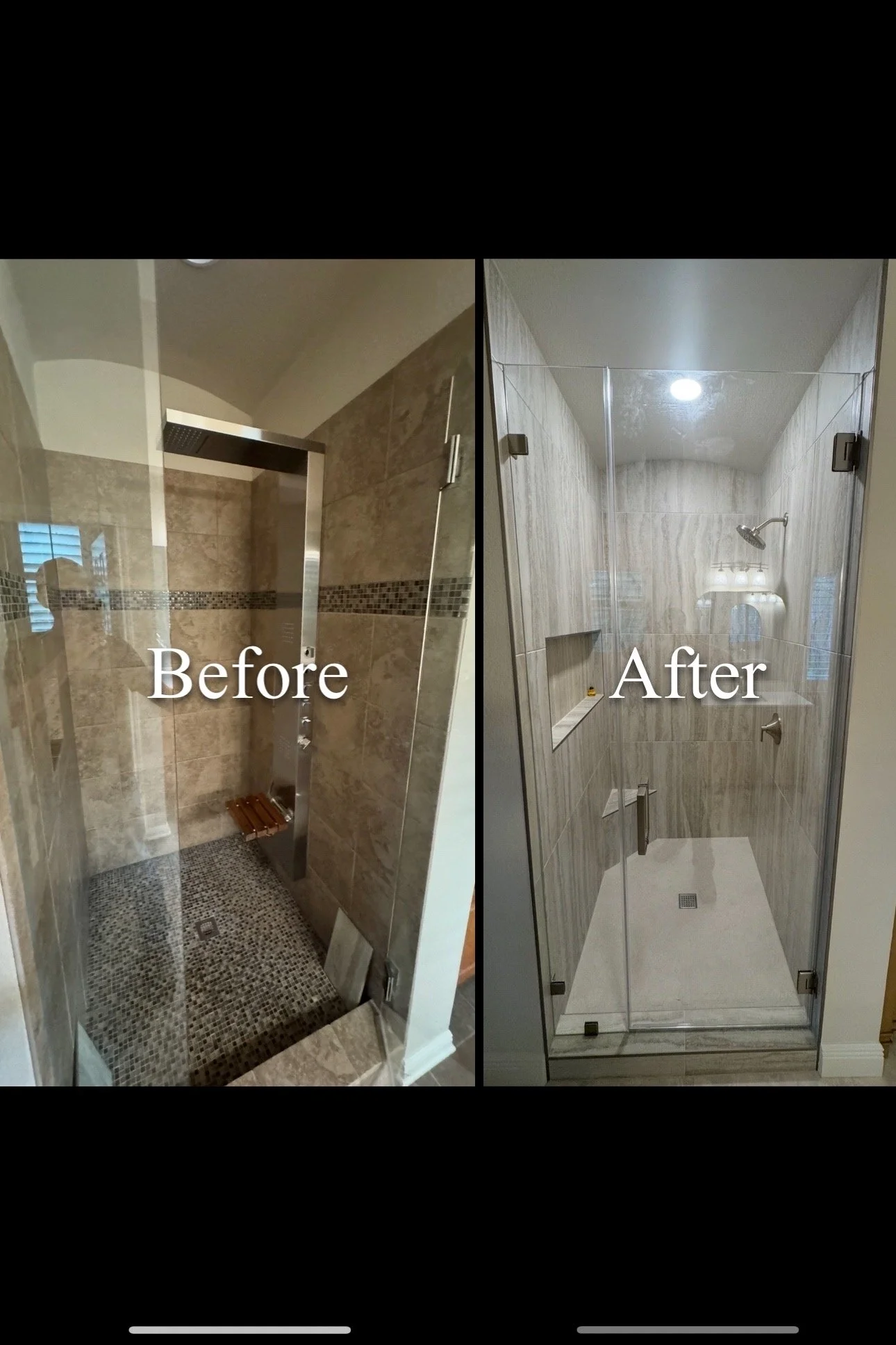 Comparison of a shower before and after renovation. The before shower has beige tiles with a horizontal mosaic strip, a showerhead, and a small shower stool. The after shower has light-colored streamlined tiles, glass door, and modern fixtures.