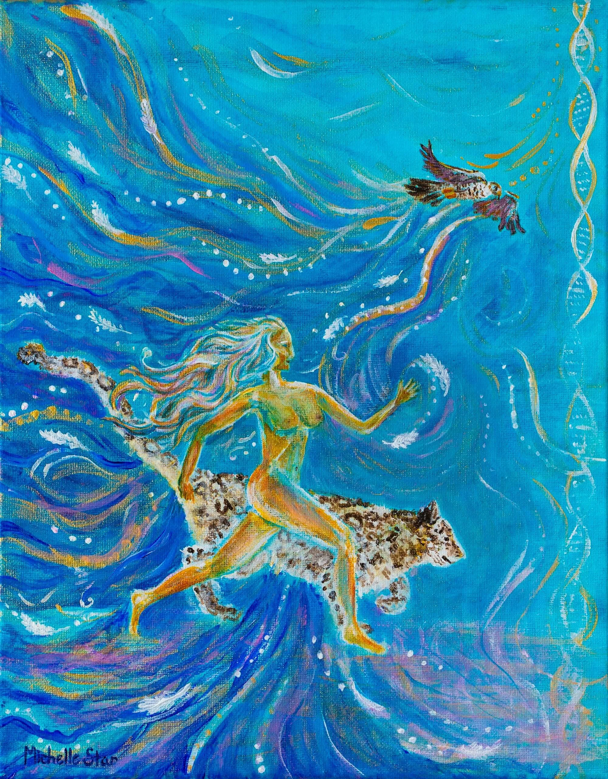 A colorful abstract painting featuring a girl with flowing hair and a small bird flying around her. The background is predominantly blue with swirling patterns and DNA strand motifs.