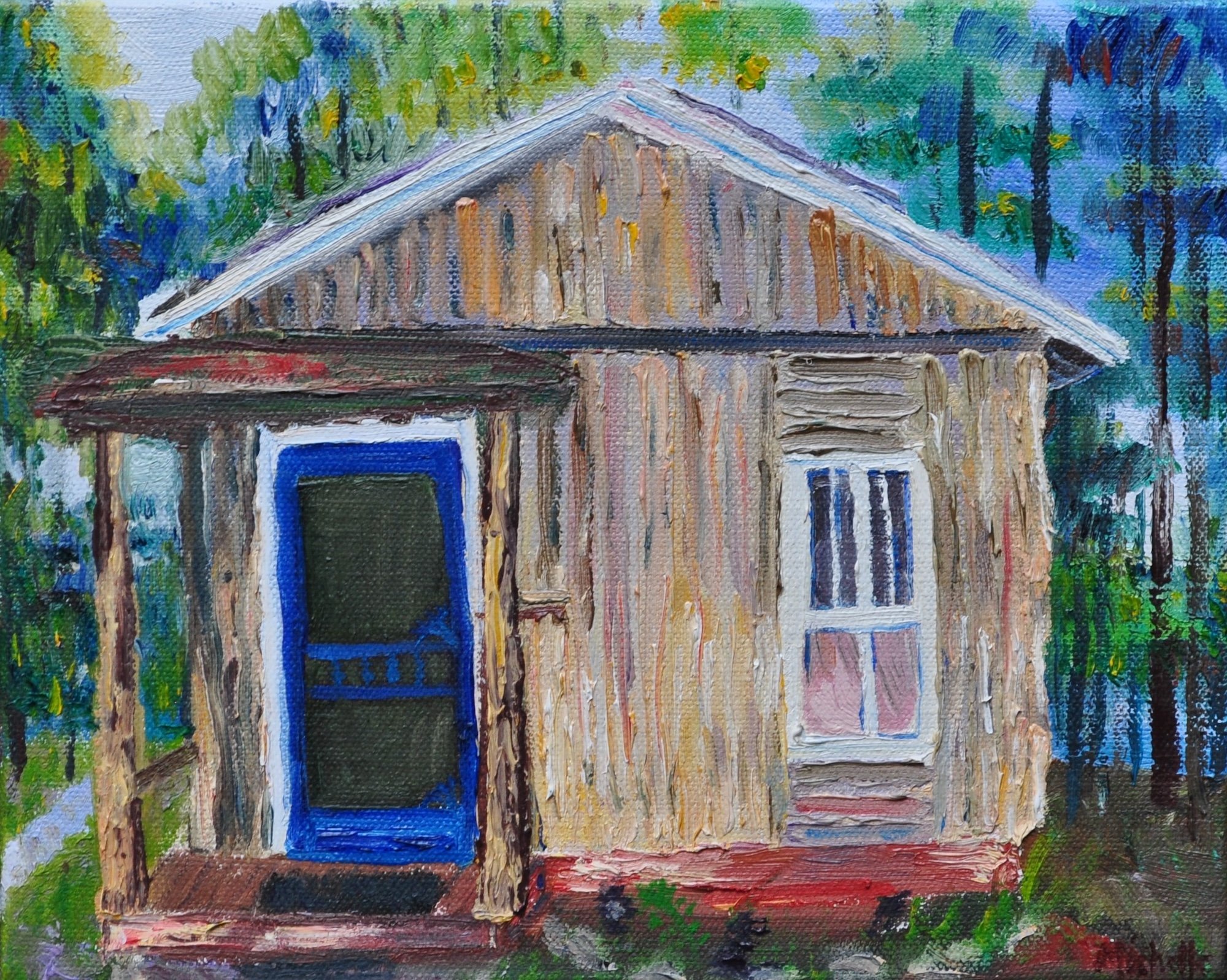 An impressionist painting of a small house with a blue door, beige walls, and a wooden porch, surrounded by trees with green and yellow foliage.