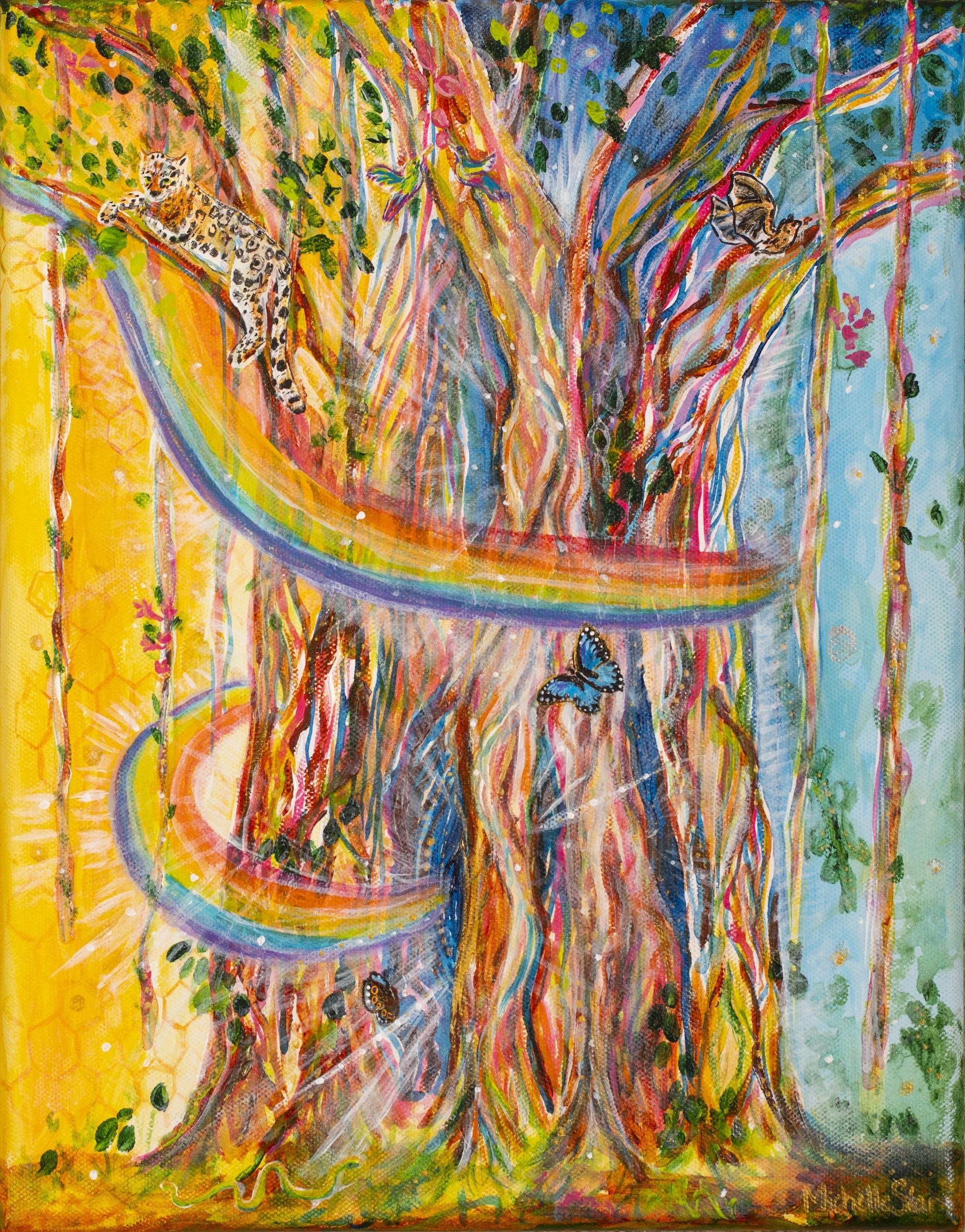 Bright, colorful painting of a jungle scene with a leopard lounging on a tree branch, butterflies flying, and a vibrant tree with twisted branches and lush green foliage.