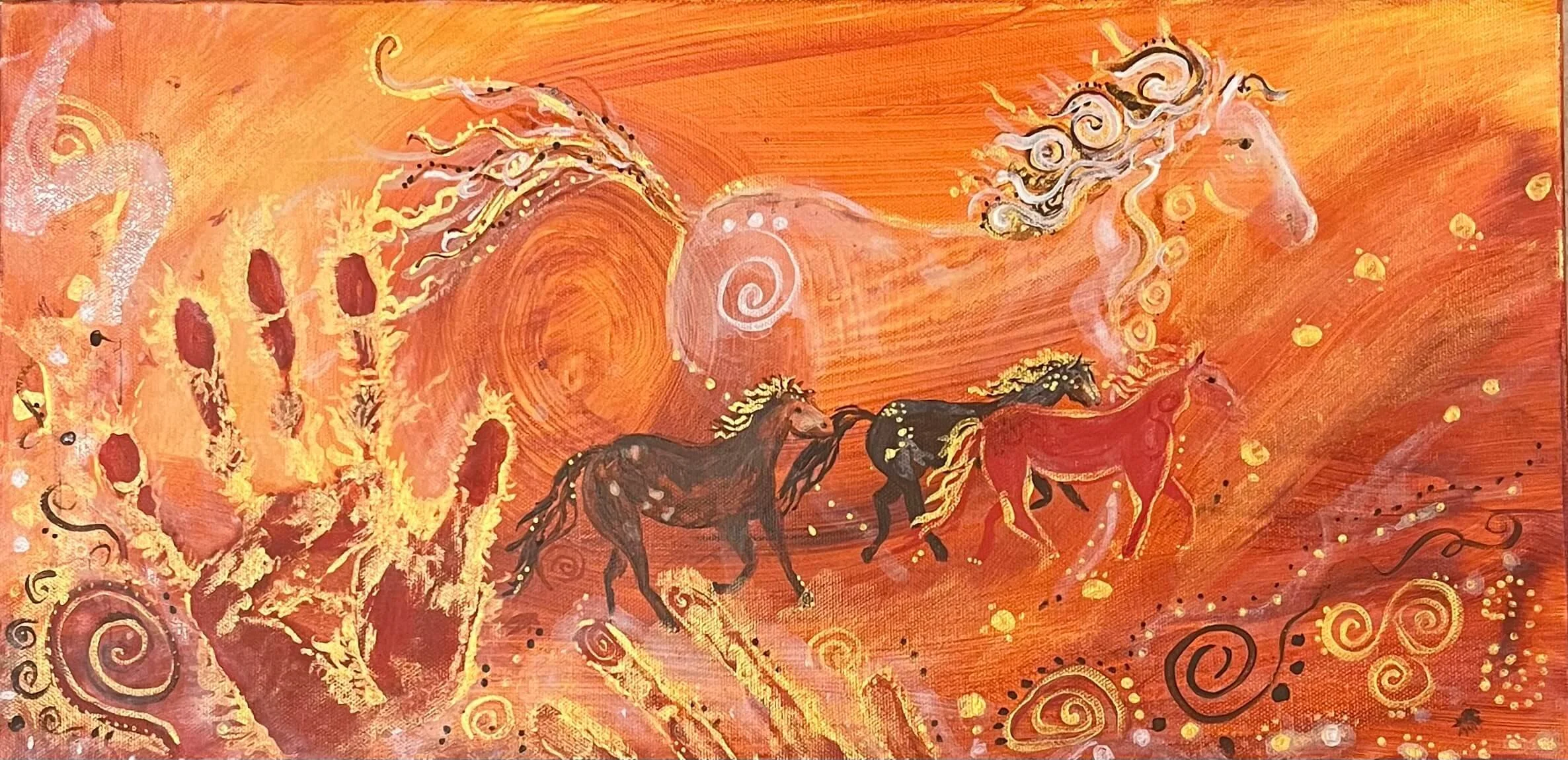 Painting of three horses with fiery manes and tails, set against a vibrant orange background with swirling patterns and abstract elements.