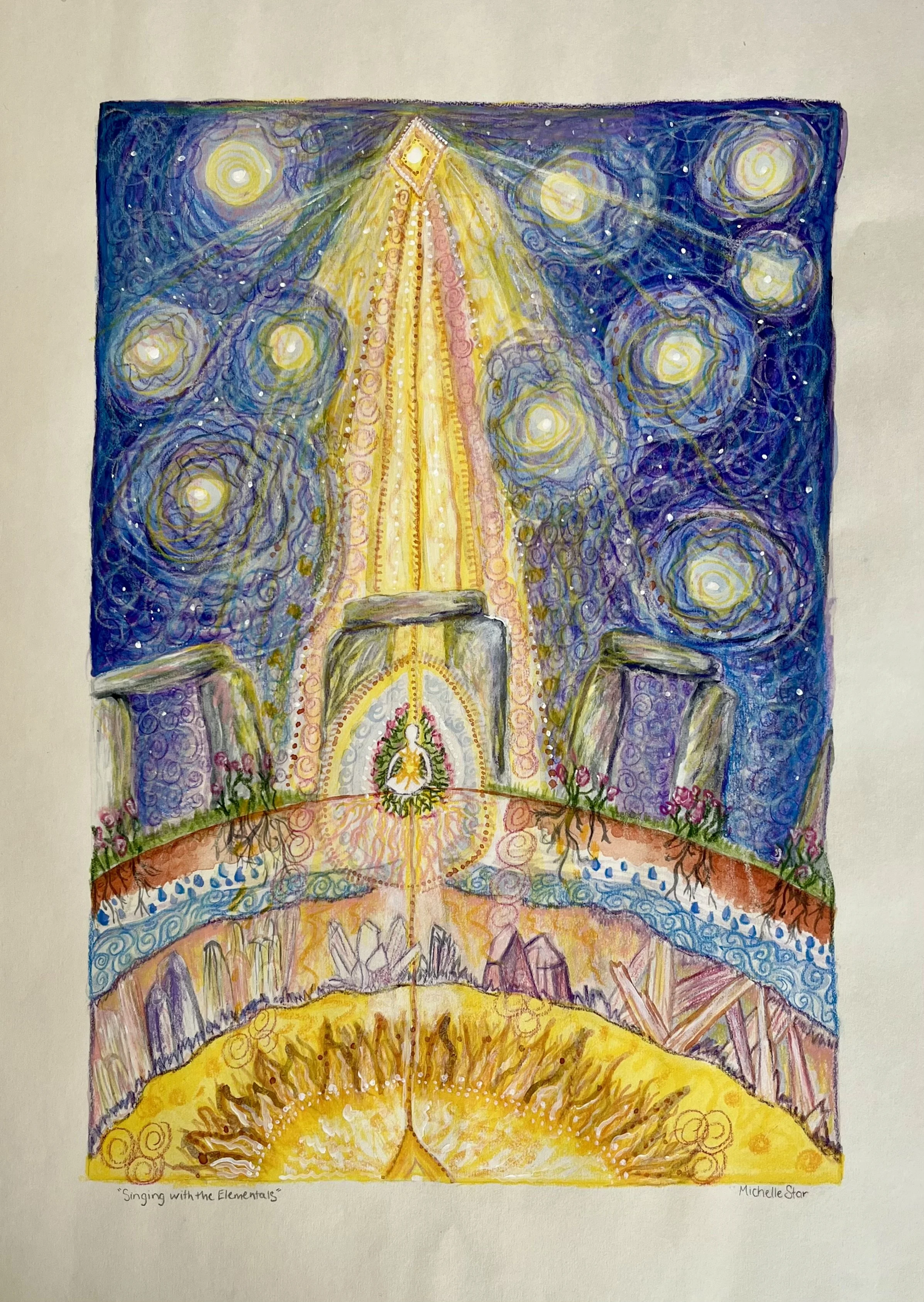 Colorful illustration titled 'Singing with the Elementals' by Michelle Star. It depicts a mystical scene with an altar, surrounded by vibrant, swirling colors and elements representing fire, water, earth, and air, with a luminous figure at the center.