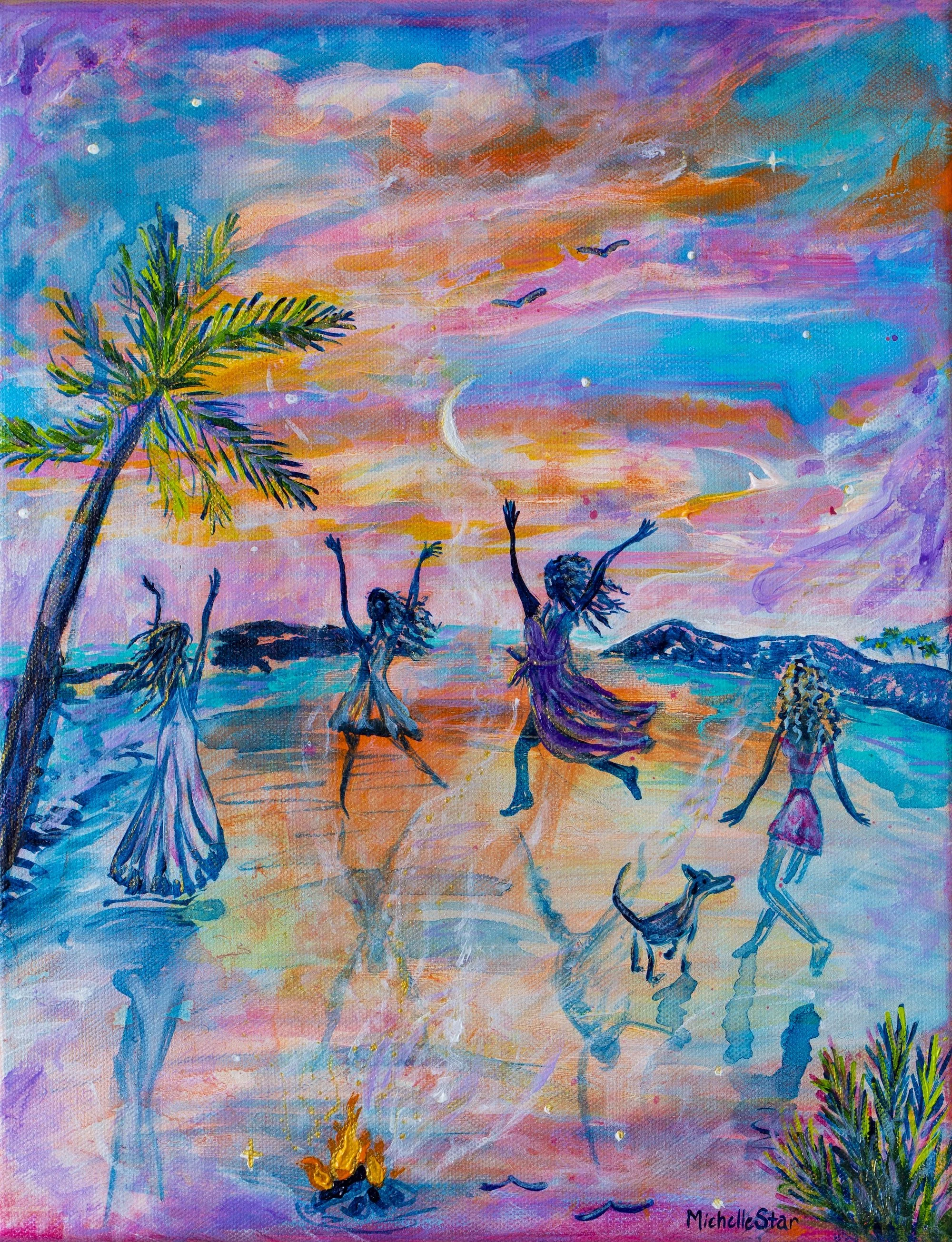 A vibrant watercolor painting depicting a tropical landscape at sunset with a colorful sky, tall palm trees, a campfire on the shore, and people dancing and celebrating. There are flying birds and a crescent moon in the sky, creating a joyful and lively scene.