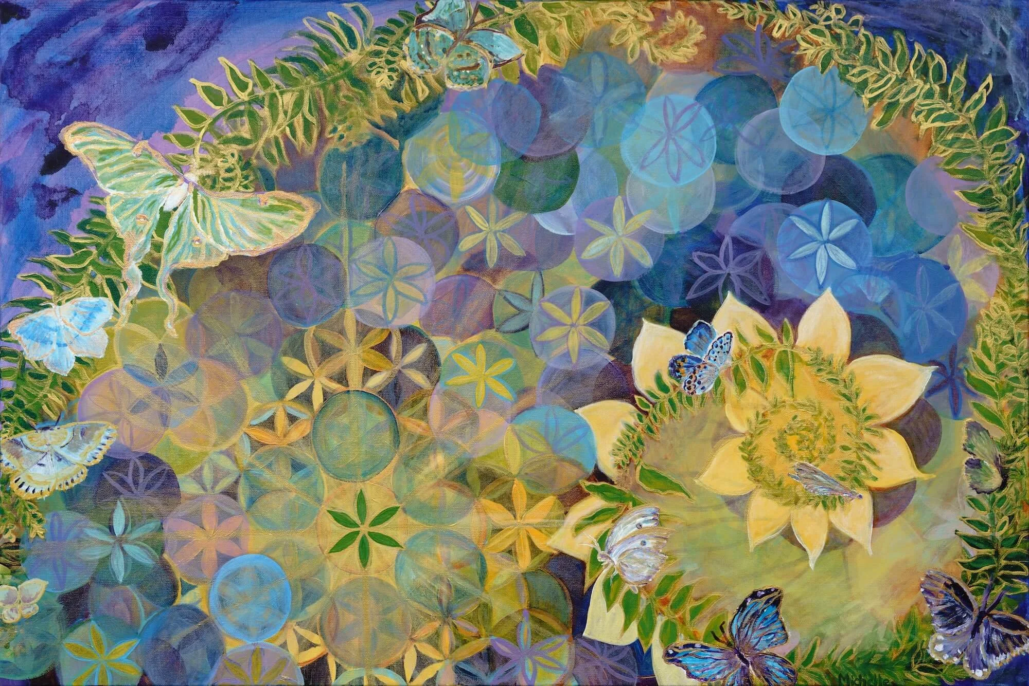 Colorful painting featuring butterflies, ferns, and overlapping circular patterns in shades of blue, purple, yellow, and green.