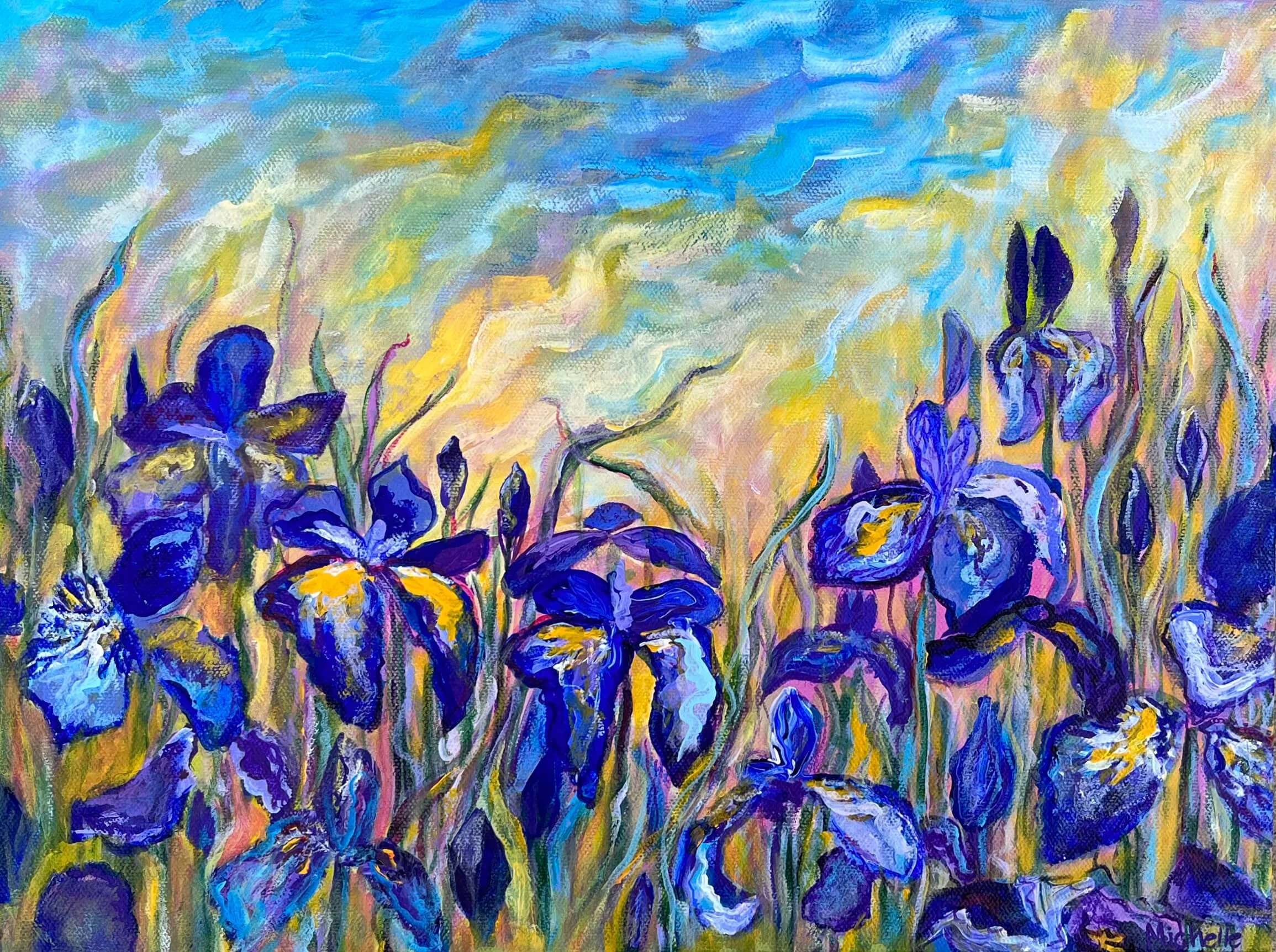 Vivid landscape painting of purple irises with green leaves in the foreground, set against a bright, colorful sky with swirling yellow, blue, and purple clouds.