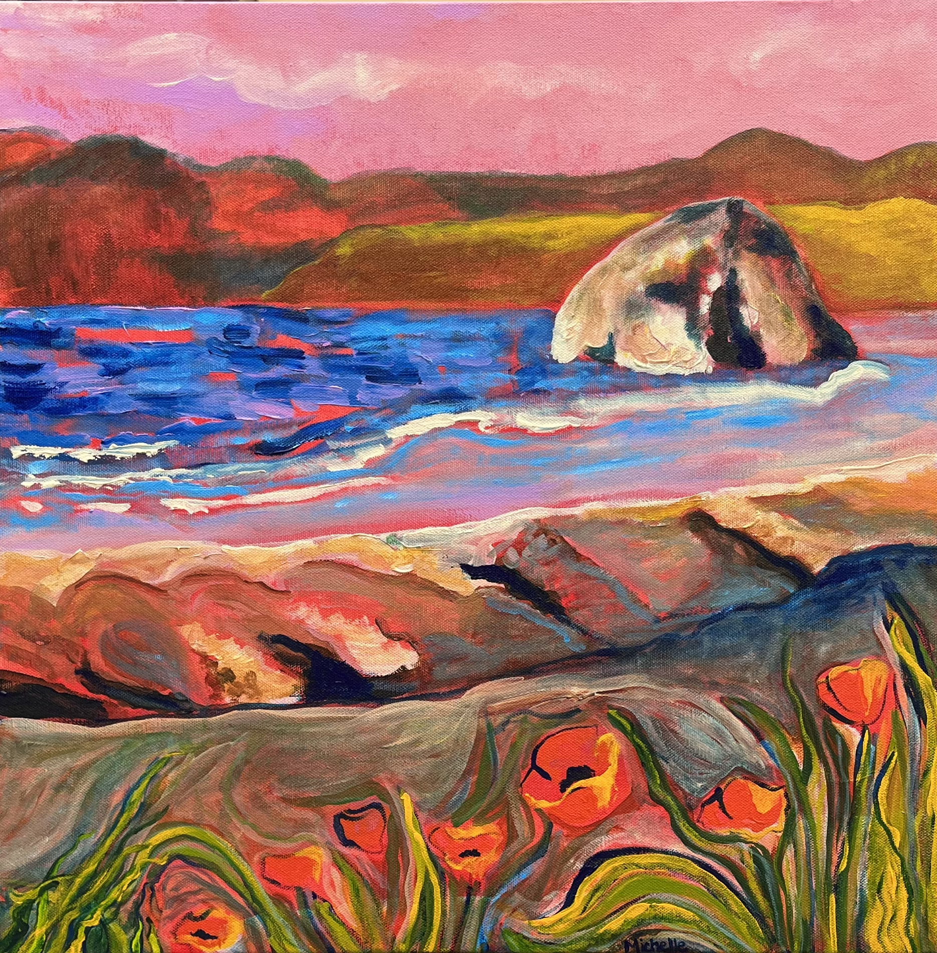 A colorful landscape painting depicting rolling hills, a large rock formation, and a body of water with red and orange flowers in the foreground, under a pink and purple sky.