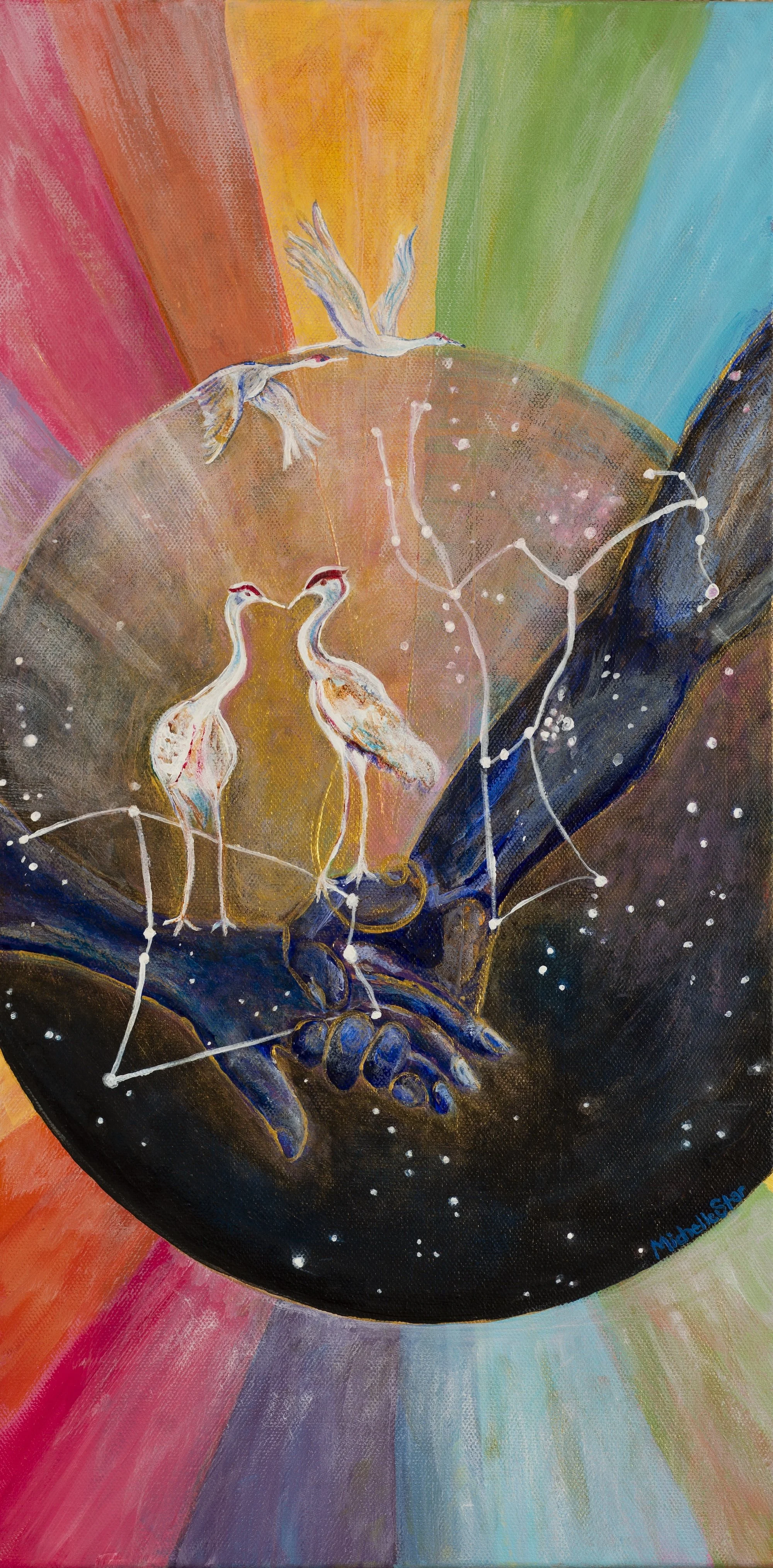A colorful painting featuring two cranes standing on a hand holding a globe, with two cranes flying above the globe. The background has rainbow hues blending into each other, and white dots and lines connect the elements, resembling a constellation.