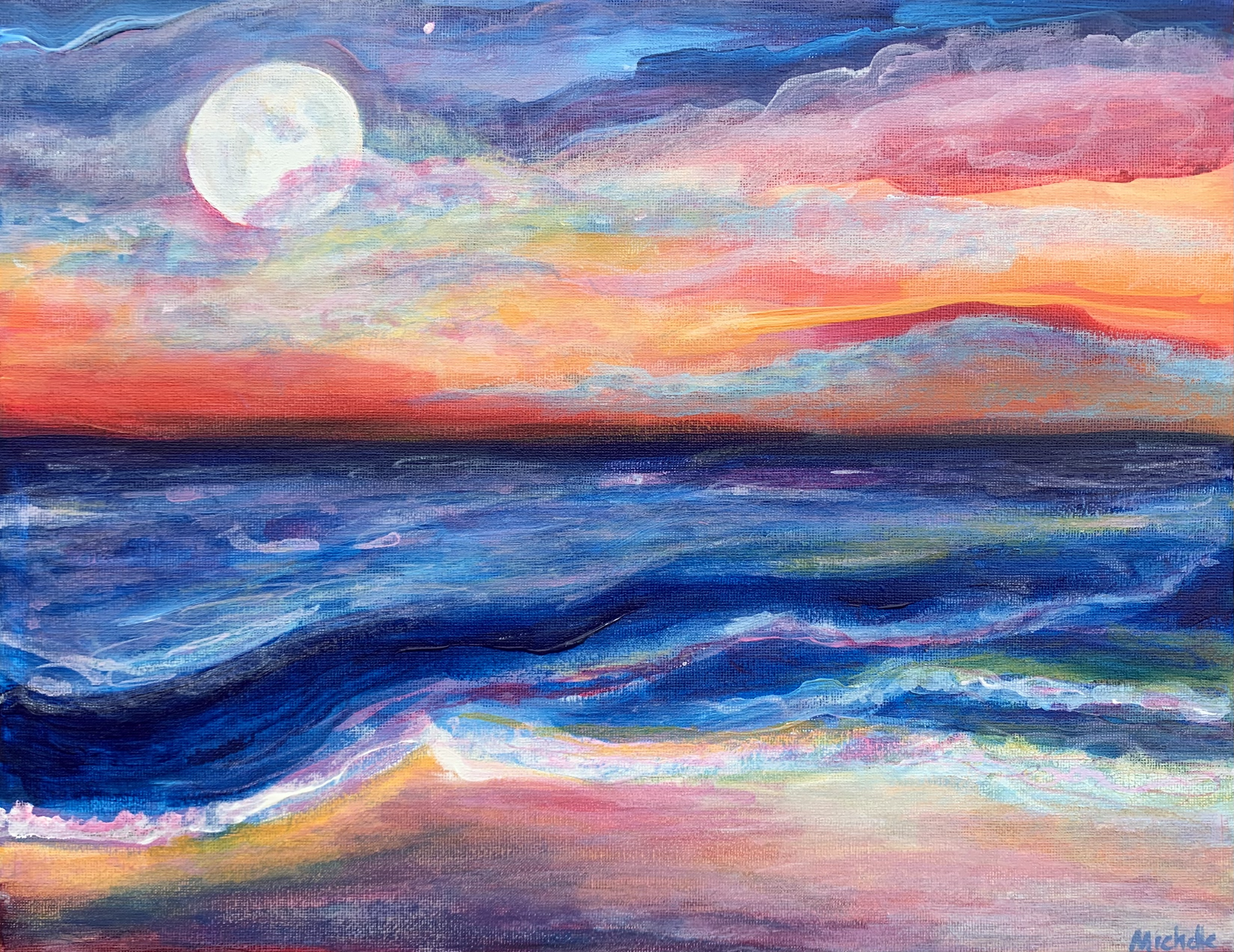Colorful abstract painting of a sunset or sunrise over water with a large moon in the sky.