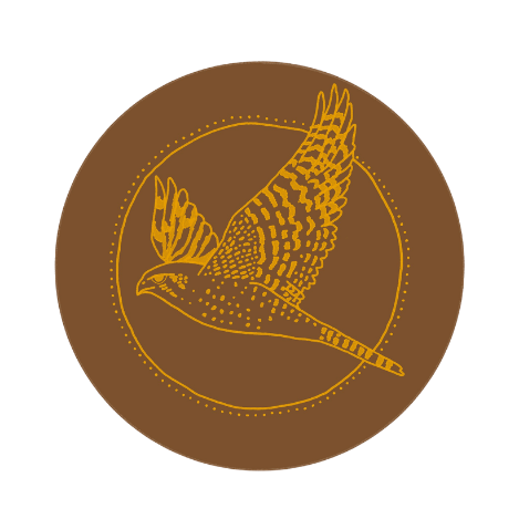 Illustration of a bird in flight, drawn with gold lines inside a brown circular background.
