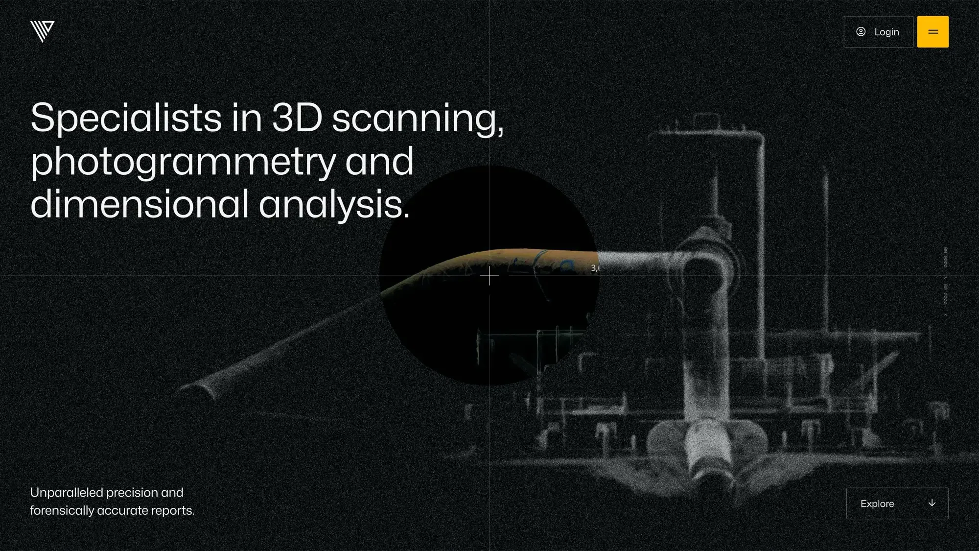 A dark webpage background with a partial image of industrial piping or machinery and a large laser or telescope component. Text reads 'Specialists in 3D scanning, photogrammetry and dimensional analysis' with a login button and menu icon in the top right corner.