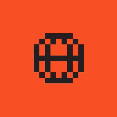 Pixelated black world icon on an orange background.