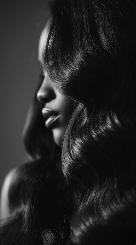 Black and white photo of a woman with long, wavy hair, showing her profile from the side.