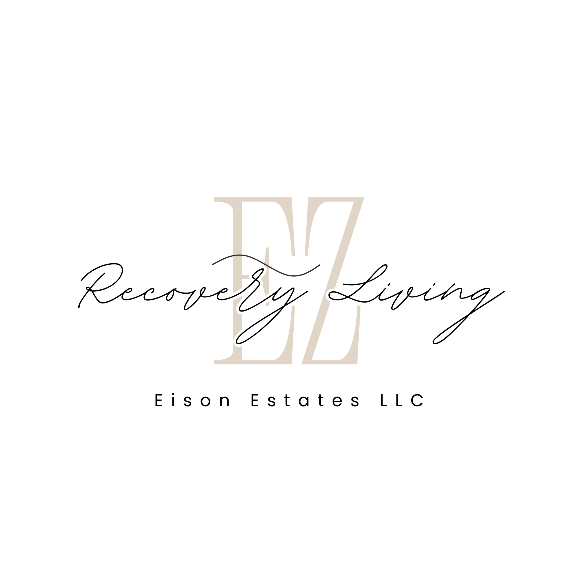 Elegant logo design with the words 'Recovery Living' in cursive script, featuring a large stylized letter 'V' at the center.