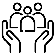 Outline of two hands cupping three people icons, representing support or protection