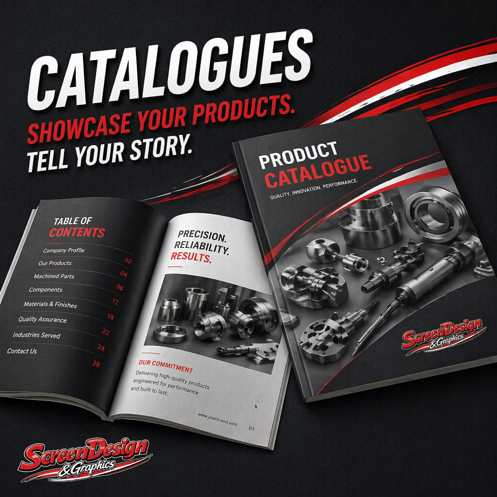 Open and closed product catalogues featuring metallic mechanical parts on a black background with red and white accents.