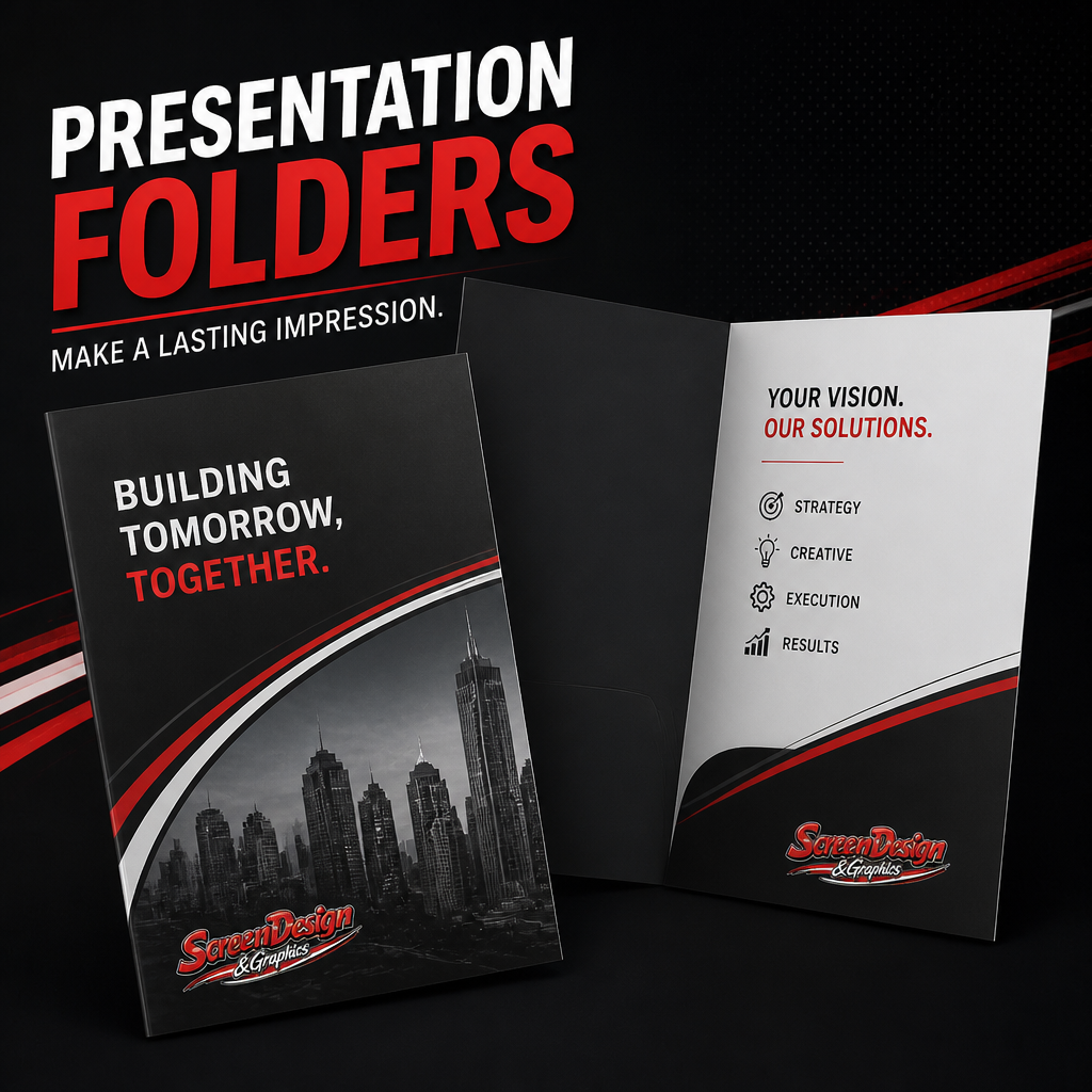 A presentation folder with a black and red city skyline design on the cover, featuring the text 'Building Tomorrow, Together.' Inside, the folder has content promoting vision and solutions with icons representing strategy, creativity, execution, and results, and branding for SreenDesign & Graphics.