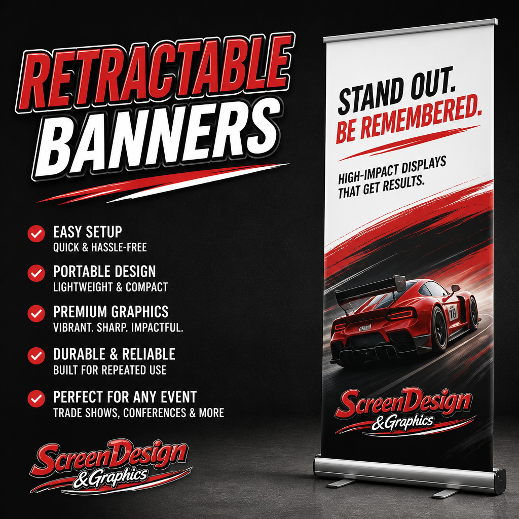 Advertisement for retractable banners advertising Screen Design & Graphics. The banner features a red race car and the slogans "STAND OUT. BE REMEMBERED." and "HIGH-IMPACT DISPLAYS THAT GET RESULTS." The background is black with red and white paint streaks. The banner highlights benefits like easy setup, portable design, premium graphics, durability, and suitability for events.