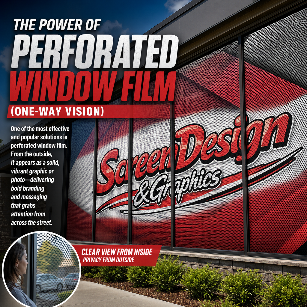 Sign advertising perforated window film for screen graphics and design with a woman looking at the window, showcasing privacy from outside while offering clear view from inside.