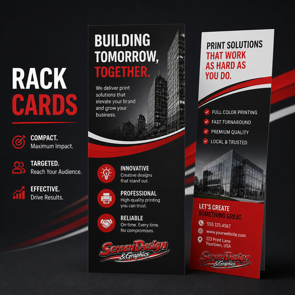 A black and red display stand or banner advertising print solutions, featuring text about branding, innovative designs, professional quality, and contact information, with images of a city skyline and a modern office building.