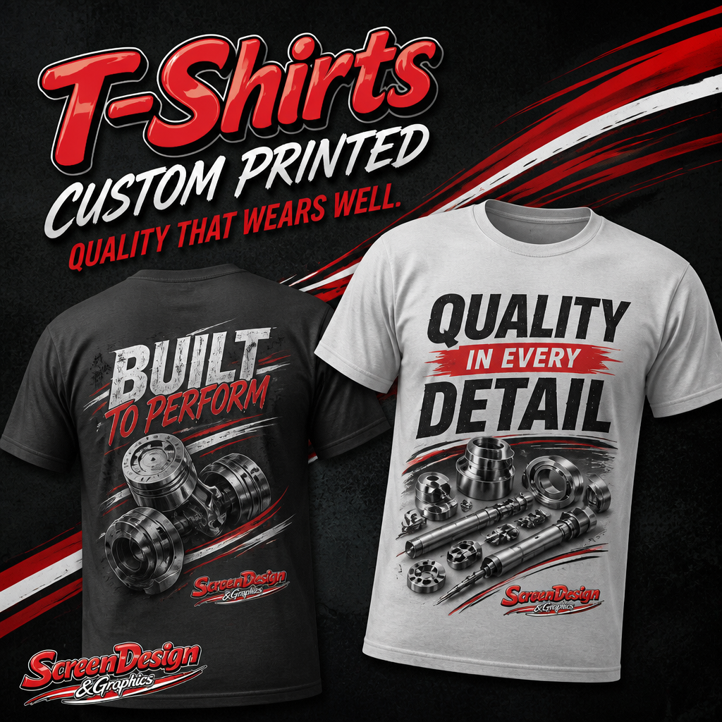 Advertisement for custom printed T-shirts featuring mechanical parts and automotive themes. One black T-shirt with the text 'Built to Perform' and an engine graphic; the other white T-shirt with the text 'Quality in Every Detail' and mechanical components. The background is black with red and white graphic elements.
