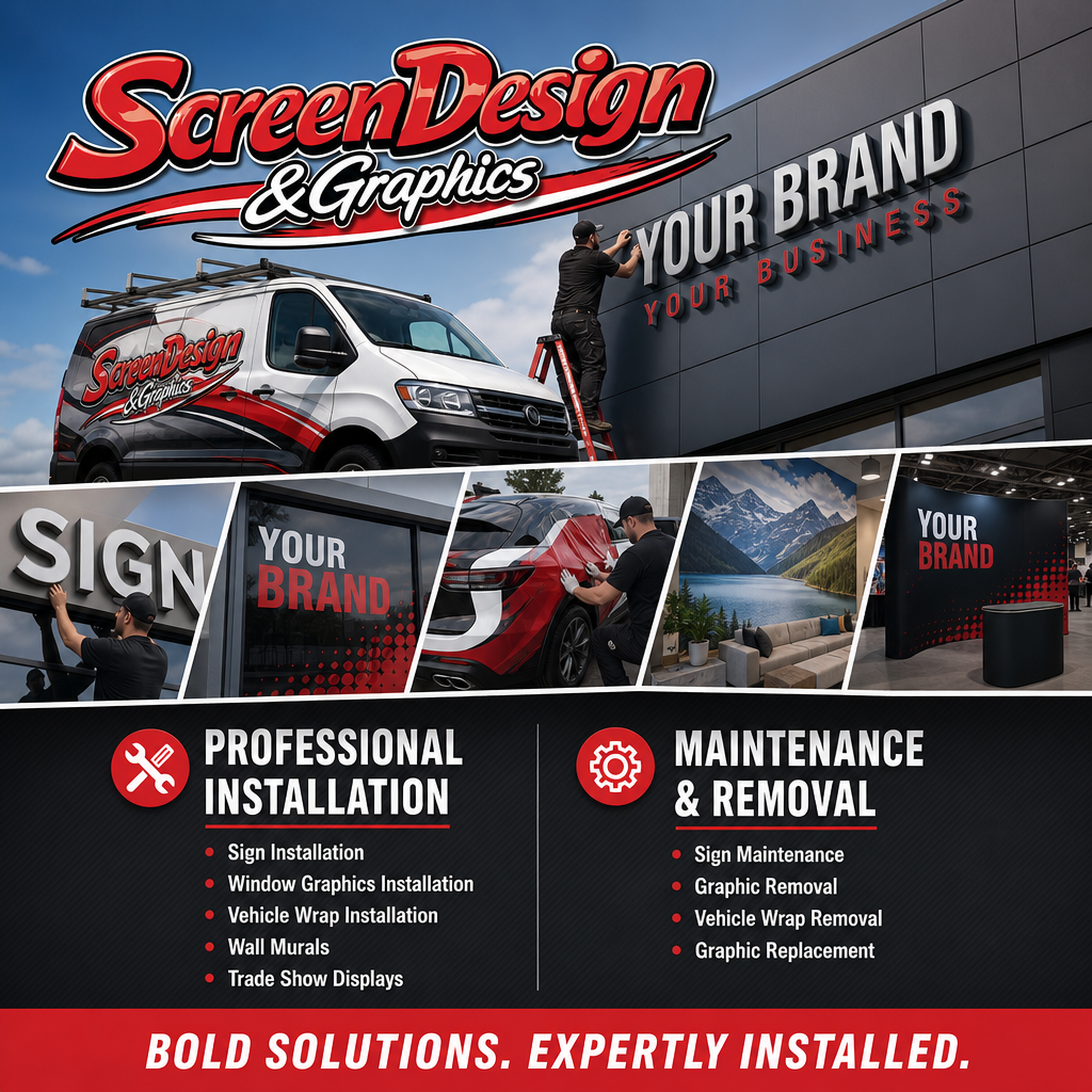 A company offering sign installation, vehicle graphic wraps, and maintenance services, featuring workers applying graphics to vehicles and signage in a professional commercial setting.